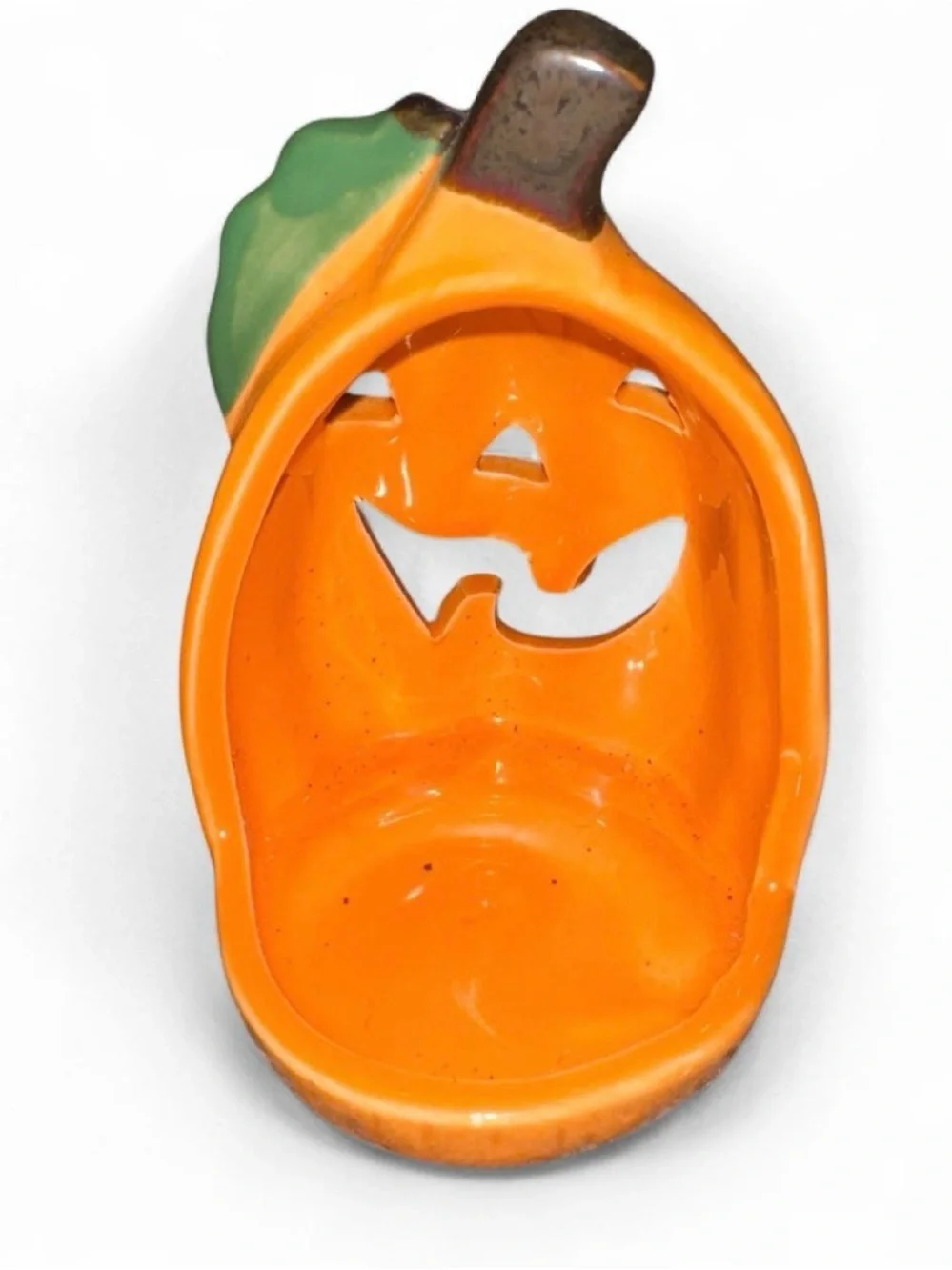 Ceramic Orange Pumpkin Lantern with Green Leaf